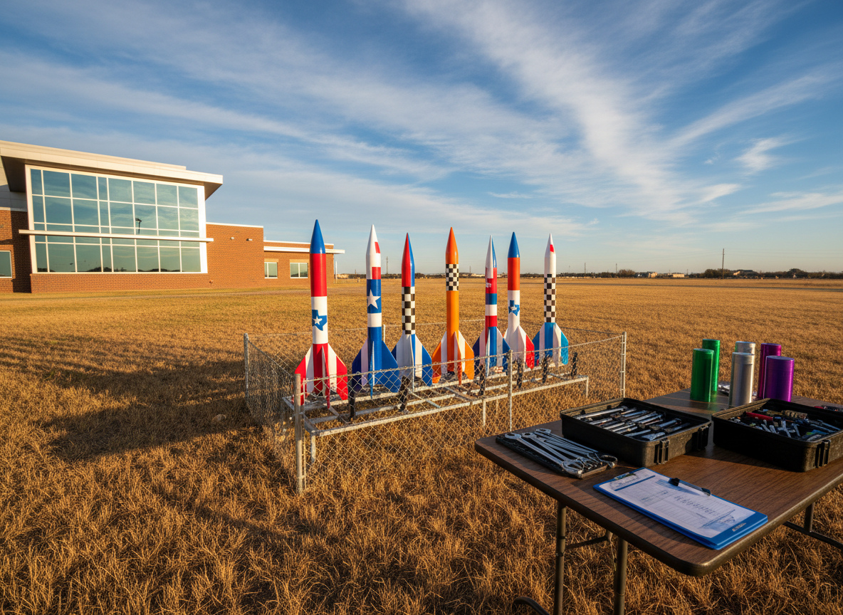 A bright Texas outdoor aerospace workshop set on a sunlit, dry grass field beside a modern school building with a brick-and-glass facade. In the center, several vividly painted model rockets are arranged upright on a safe, fenced-off launch rack, each with distinctive fins and patterns resembling real launch vehicles. Nearby tables hold neatly organized toolkits, safety checklists without visible text, and colorful payload canisters ready for experiments. The sky is broad and intensely blue, with high, wispy clouds. Warm midday sunlight creates clear, crisp shadows and highlights the vivid colors of the rockets. Photographic realism, captured from a slightly low angle to make the rockets appear tall and inspiring, conveying energy, safety, and structured aerospace education.