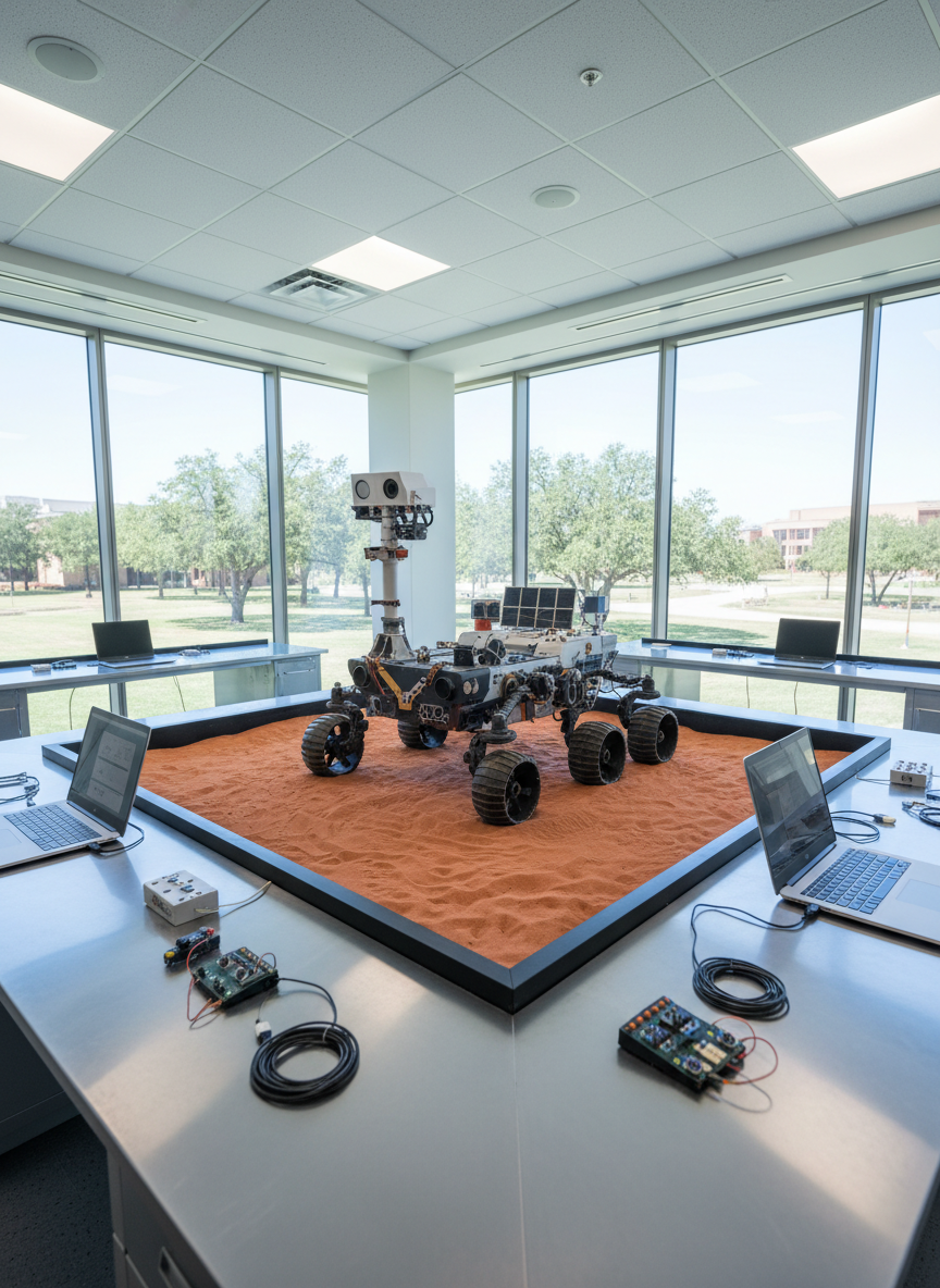 A clean, modern robotics lab themed around aerospace exploration, focused on a detailed rover prototype sitting atop a sandy, reddish testing bed that mimics a Martian surface. The rover features articulated wheels, a small mast with simulated cameras, and a compact body with mock instrument panels. Surrounding benches hold open laptops, neatly coiled cables, and modular sensor kits, all carefully arranged. Large windows reveal a bright Texas suburban campus with live oaks and a clear sky. Soft, diffused daylight combines with cool LED ceiling lights, producing an even, technical clarity. Captured from a low, three-quarter angle to showcase the rover’s complexity, the composition feels forward-looking and educational, conveying how space robotics is taught in a professional, youth-focused environment.