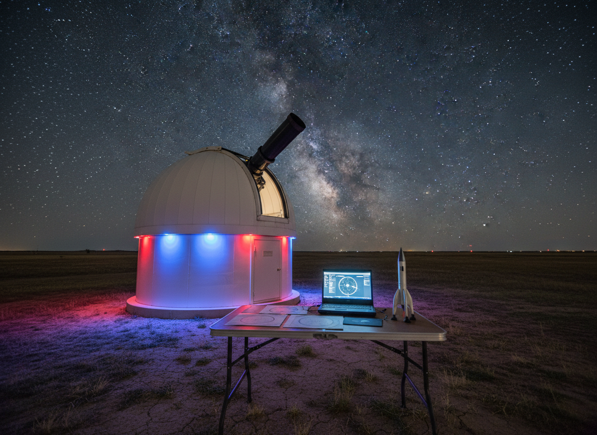 A realistic nighttime scene of a small observatory dome on the flat Texas plains, its white curved surface illuminated by soft red and blue security lights. The telescope extends through an open hatch, aimed toward a sky bursting with clearly visible constellations and the faint band of the Milky Way. In the foreground, a sturdy folding table holds laminated star maps, a rugged laptop with a dim screen glow, and a small model rocket standing upright on a launch pad replica. The mood is calm and contemplative, with cool starlight and subtle ground lighting creating gentle contrasts. Captured from a low angle, the composition emphasizes the vast sky and the observatory as a gateway to space science learning.