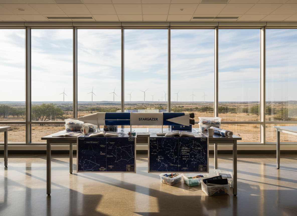 A sleek, modern aerospace classroom rendered in photographic realism, with a large, detailed scale model of a white and blue launch vehicle as the central focus on a sturdy metal lab table. Around it, open textbooks, glossy star charts of the Milky Way, and clear plastic bins filled with electronic components suggest active STEM learning. Floor-to-ceiling windows reveal a sunlit Texas landscape with distant wind turbines and a wide, open sky. Soft afternoon natural light spills across the polished concrete floor, creating gentle reflections and long, calm shadows. Captured at eye level with a slightly wide angle, the composition feels clean, professional, and aspirational, emphasizing a bright, organized space dedicated to aerospace education and exploration.
