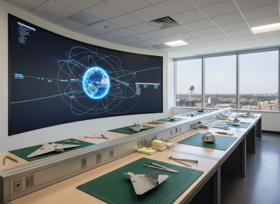 An interior of a high-tech aerospace design lab rendered in clean, photographic detail, dominated by a large interactive wall display showing a complex orbital diagram around Earth, depicted as a glowing blue sphere with multiple satellite paths. In front, a long workstation holds scale models of spacecraft, wings, and reentry capsules arranged on cutting mats, alongside mechanical pencils, calipers, and sticky notes turned away from the camera. Large windows reveal a hazy Texas city skyline and a distant water tower under a bright sky. Cool, diffuse overhead lighting mixes with soft natural light, creating an efficient, studious atmosphere. Shot from a wide, slightly elevated angle for full-room context, the composition feels professional, organized, and perfectly suited for youth learning about satellite design and mission planning.