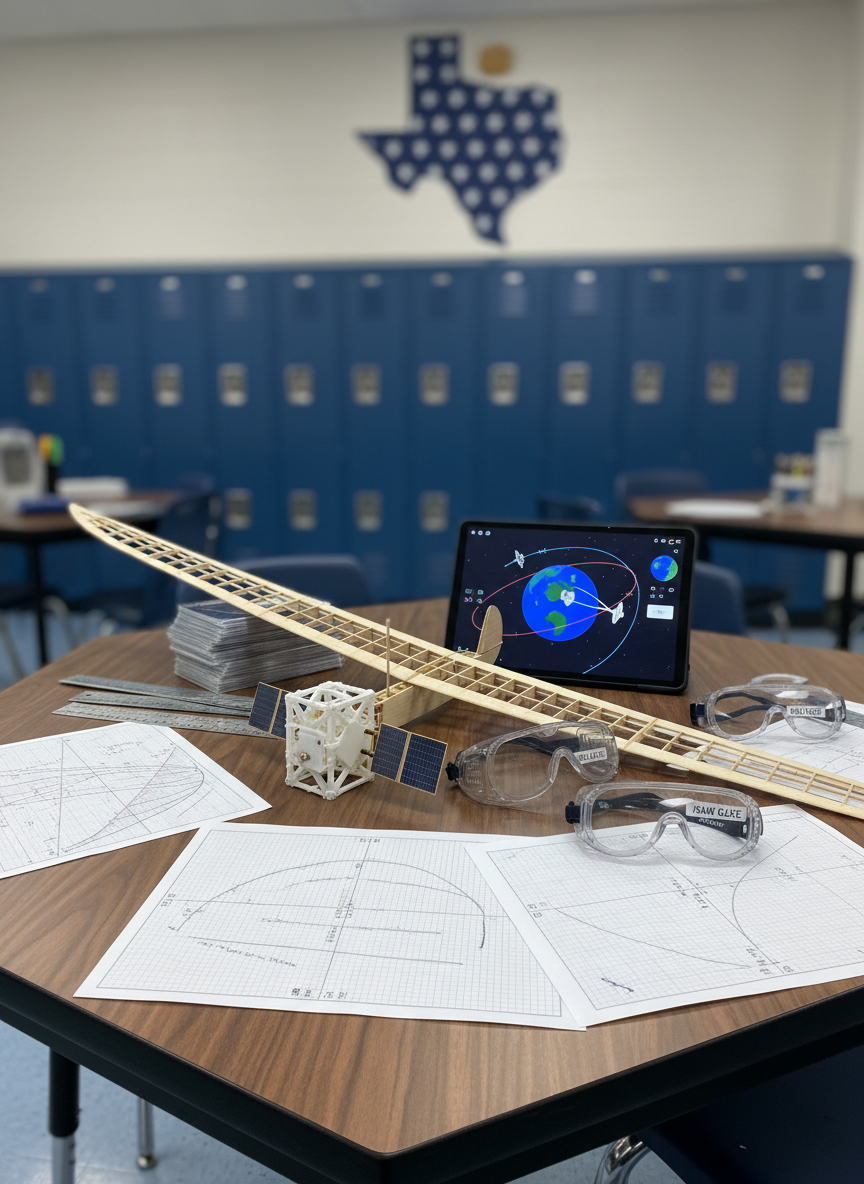 A highly detailed photographic close-up of a hexagonal table covered with hands-on aerospace STEM materials: a partially assembled balsa-wood glider, a 3D-printed satellite chassis with tiny mock solar panels, and a tablet displaying a colorful orbital simulation. Surrounding the table are neatly labeled safety goggles, rulers, and graph paper covered in precise pencil diagrams of flight paths. The background shows a blurred Texas school lab with blue lockers and a wall mural of the state outline filled with stars. Cool, even overhead lighting creates crisp clarity and minimal shadows. Shot from a slightly elevated angle with shallow depth of field, the scene feels focused, educational, and dynamic, conveying the excitement of youth aerospace projects without showing any people.