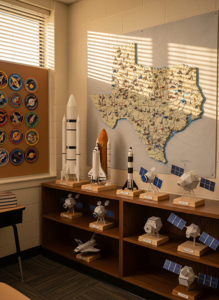 A realistic, sunlit Texas classroom corner dedicated to aerospace, centered on a large, wall-mounted relief map of the state filled with tiny 3D rocket icons marking different cities. Below, sturdy wooden shelves display carefully crafted model rockets, shuttle replicas, and simplified satellite mockups, each sitting on labeled bases turned away from the viewer. A corkboard holds colorful mission patch designs without readable text. Golden afternoon light streams through nearby windows with venetian blinds, casting patterned shadows across the wall and models. Captured at eye level with moderate depth of field, the composition feels warm, local, and aspirational, highlighting how aerospace education connects directly to communities across Texas without showing any people.