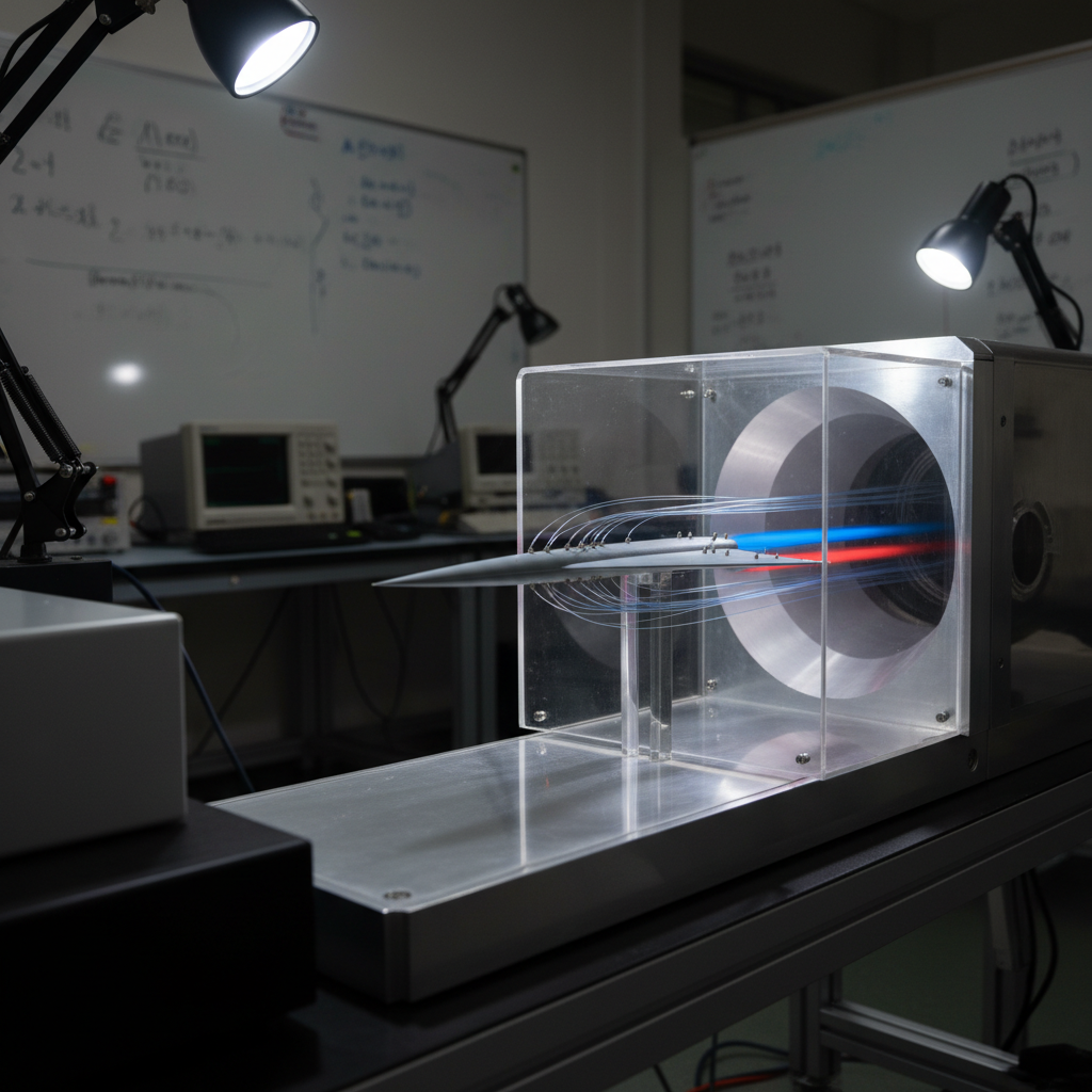 A dramatic, photographic close-up of a small supersonic wind tunnel setup in a university-style lab, designed for youth outreach in aerospace. The polished metal test section holds a slender, matte-gray wing model with pressure tap lines running along its surface, all rendered with crisp detail. Transparent acrylic walls around the tunnel allow a view of colored smoke or dye streaks flowing smoothly over the wing, frozen in motion. The background reveals blurred lab benches, oscilloscopes, and aerodynamic diagrams. Focused overhead task lights create bright highlights on metal edges and subtle reflections on acrylic surfaces, while the rest of the lab falls into soft shadow. Shot from a low, side angle, the mood is precise, technical, and exciting, emphasizing real engineering tools used for aerospace education.