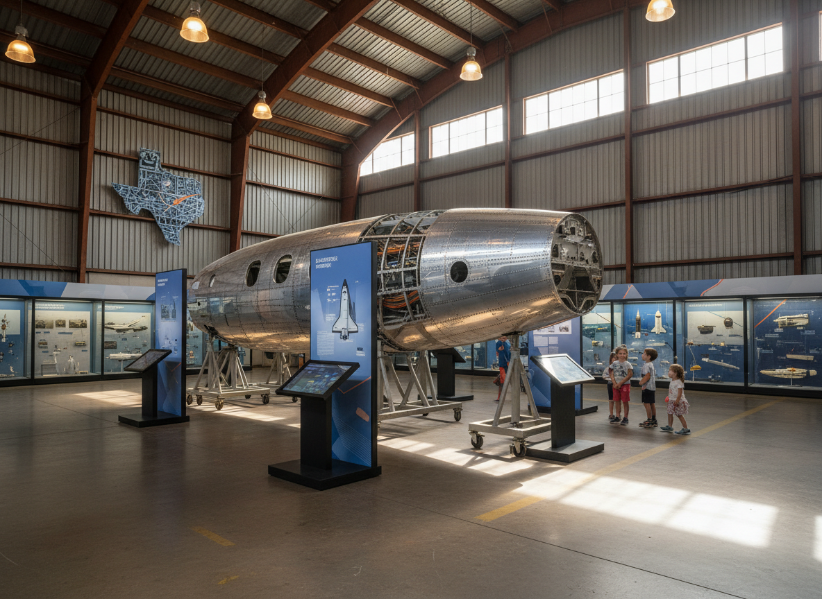 A spacious Texas hangar-style space converted into an aerospace education center, with a sleek, silver experimental aircraft fuselage section as the centerpiece on wheeled stands. Its riveted aluminum skin, exposed internal framework, and mock control cables are shown in sharp, photographic detail. Around it, informational display boards without readable text, interactive touchscreens, and glass cases with historical model spacecraft line the walls. Warm overhead industrial lights cast clear, even illumination, while sunlight filters through high clerestory windows, creating streaks of light across the polished concrete floor. Shot from an eye-level perspective with strong depth of field, the mood is inspiring and museum-like, emphasizing hands-on exploration of flight structures and aerospace history in a Texas context.