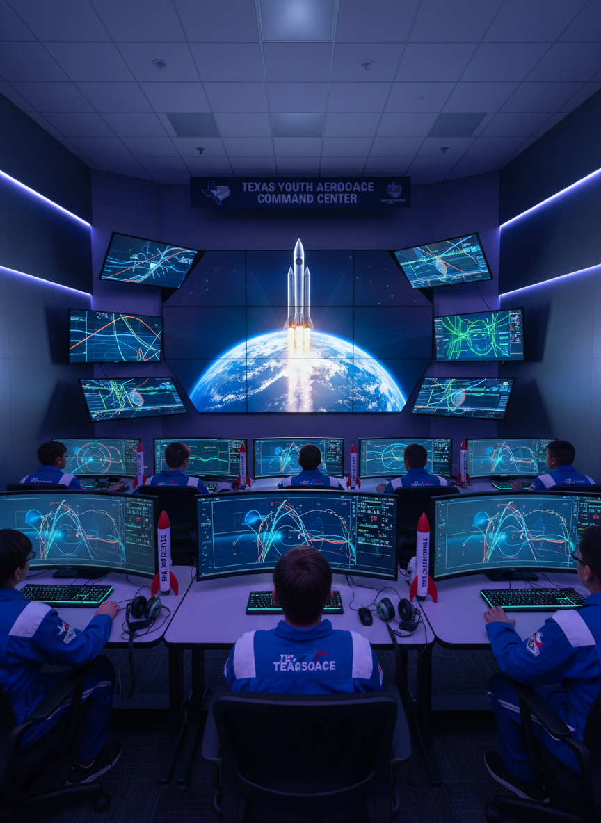 A cinematic, photographic scene inside a mission control–style classroom, with sleek rows of monitor stations facing a massive front display wall. The central screen shows a highly detailed visualization of a spacecraft ascending over a curved Earth, with additional smaller panels depicting trajectory arcs and telemetry-style graphs without legible numbers. Each student workstation is equipped with a keyboard, headset resting on the desk, and a small model rocket. The room is illuminated by dim, cool overhead lighting and the subtle glow from dozens of screens, creating a focused, immersive atmosphere. Shot from the back of the room with a slightly elevated, wide-angle view, the composition emphasizes teamwork, precision, and the excitement of guiding a mission from Texas-based youth aerospace education centers.